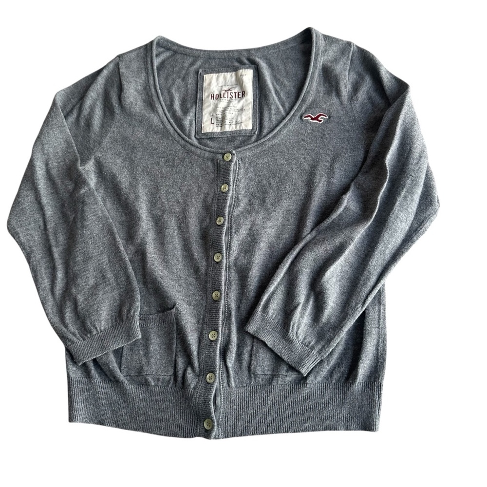 Y2K Hollister Sweater Women large Gray Button Cardigan Pockets Logo Preppy Soft